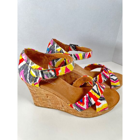 Tom's Sienna Print Ankle Strap Cork Wedges Women's Size 8.5 4"Heel - Picture 3 of 7